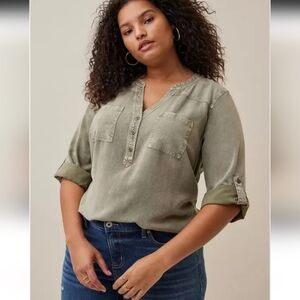 Torrid Harper Button Front Top NWT NEW Dusty Olive Green Tab Sleeve Top 2X